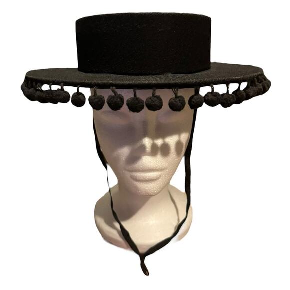 Vintage Black Cordobes, flamenco, Equestrian Hat with wide brim and pom poms - Picture 3 of 12